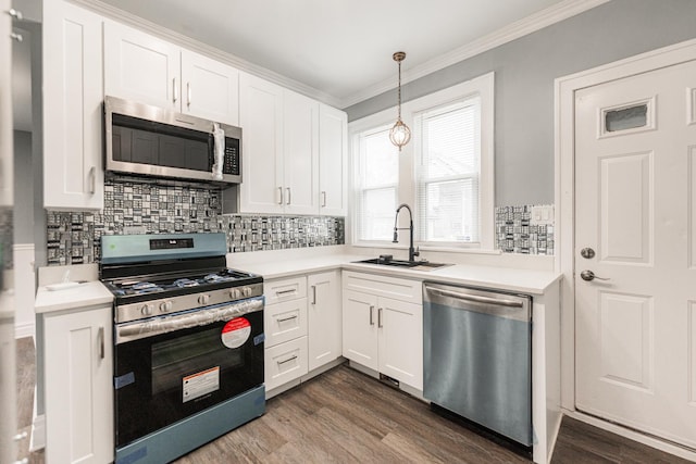 kitchen featuring stainless steel appliances, white cabinets, a sink, and dark wood-style floors