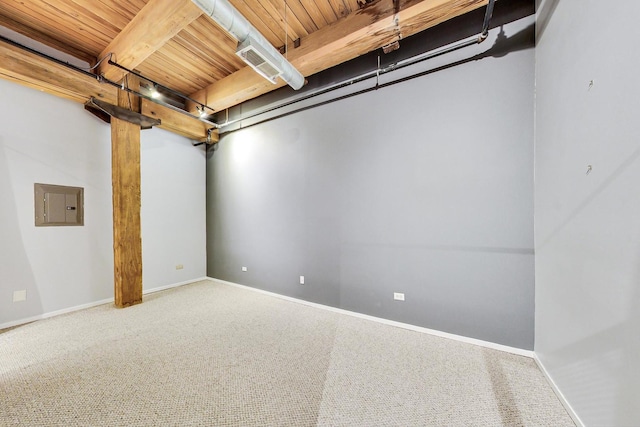 interior space featuring wood ceiling, electric panel, baseboards, and beam ceiling