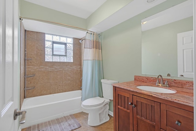 full bathroom with shower / tub combo, tile patterned flooring, vanity, and toilet