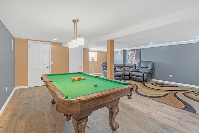 playroom featuring baseboards, recessed lighting, billiards, and light wood-style floors