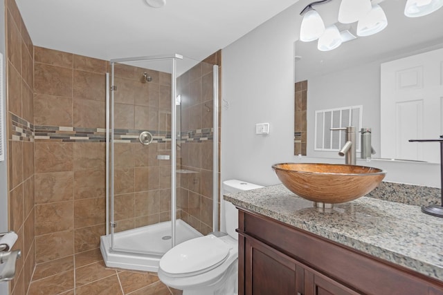 full bath with tile patterned flooring, toilet, visible vents, vanity, and a shower stall