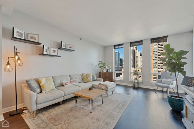 living area featuring a view of city, dark wood-style flooring, and baseboards