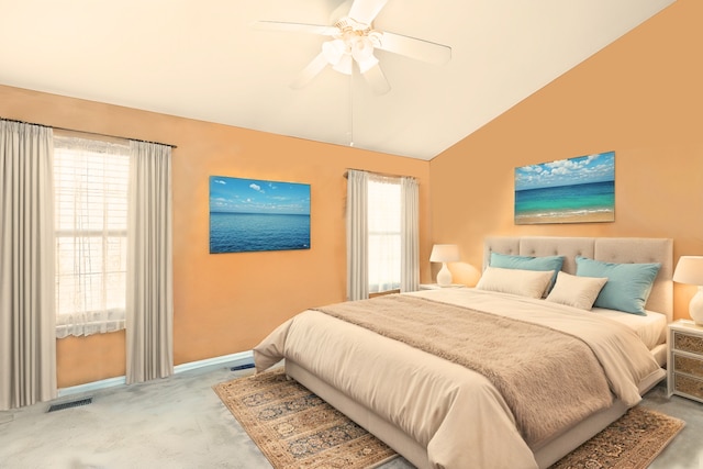 carpeted bedroom with a ceiling fan, lofted ceiling, visible vents, and baseboards