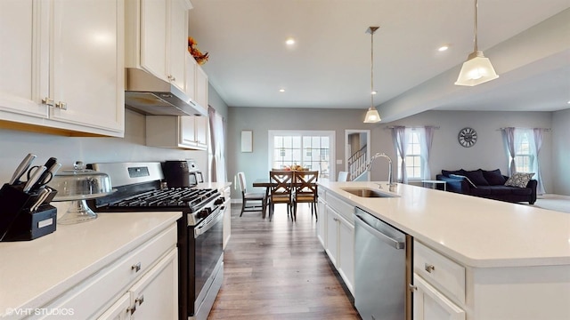 kitchen featuring appliances with stainless steel finishes, white cabinets, a sink, wood finished floors, and under cabinet range hood