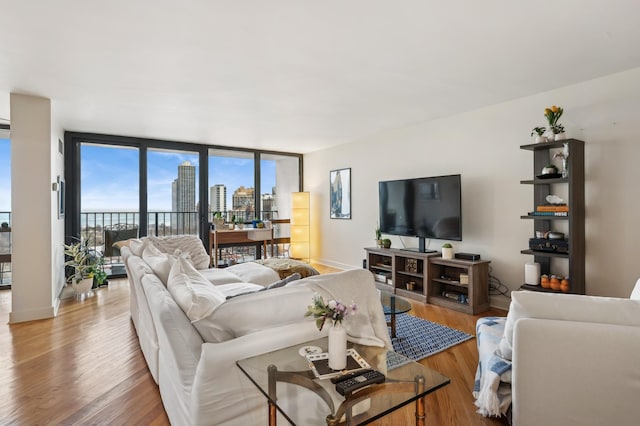 living area with baseboards, wood finished floors, and floor to ceiling windows