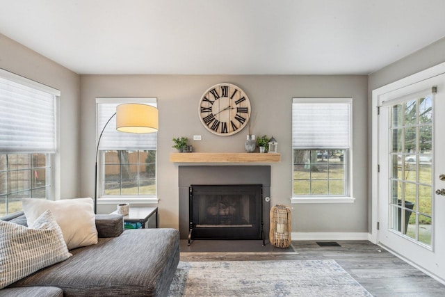 living area featuring a fireplace with flush hearth, a wealth of natural light, baseboards, and wood finished floors