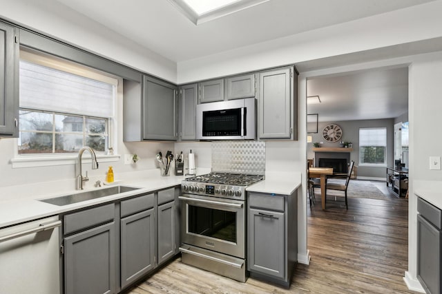 kitchen with light wood-style floors, gray cabinets, stainless steel appliances, and a sink