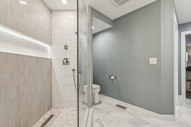 full bath with a walk in shower, toilet, visible vents, baseboards, and marble finish floor