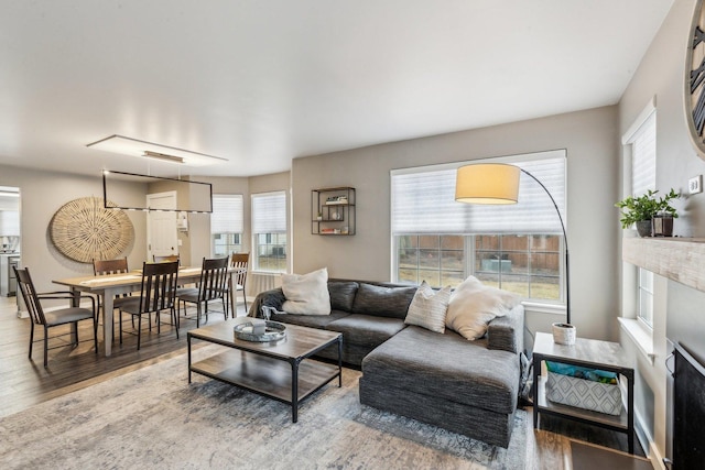 living area featuring wood finished floors and visible vents