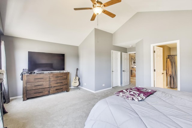 bedroom featuring high vaulted ceiling, carpet, ceiling fan, and baseboards