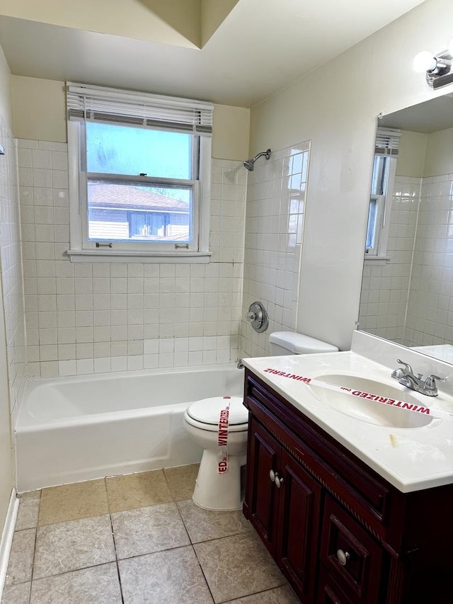 full bathroom with toilet, tile patterned flooring, bathtub / shower combination, and vanity