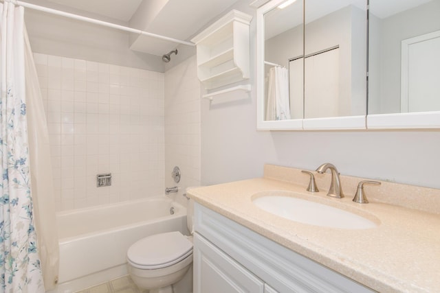 bathroom featuring toilet, shower / bath combination with curtain, and vanity