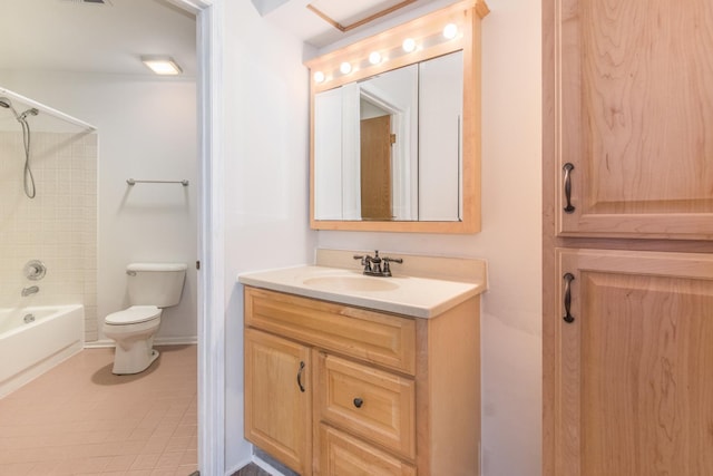 bathroom with visible vents, tub / shower combination, vanity, and toilet