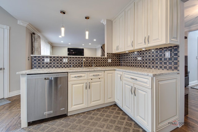 kitchen featuring a sink, stainless steel dishwasher, dark wood-style floors, tasteful backsplash, and pendant lighting