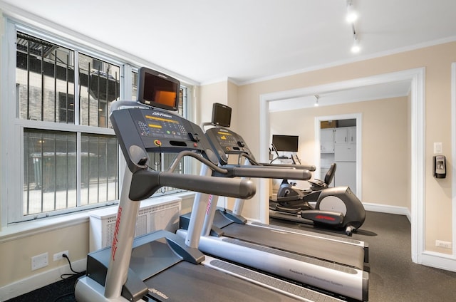 workout room featuring ornamental molding, rail lighting, and baseboards