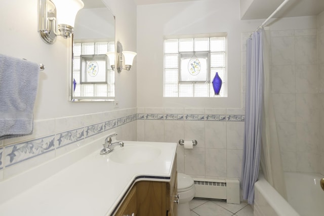 full bathroom featuring toilet, tile patterned floors, shower / bath combo with shower curtain, baseboard heating, and vanity