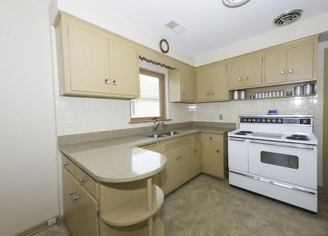 kitchen with a sink, visible vents, open shelves, and white electric range