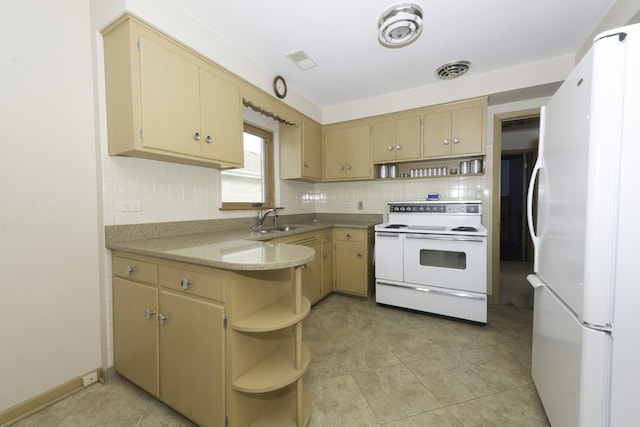 kitchen with open shelves, backsplash, a sink, white appliances, and a peninsula