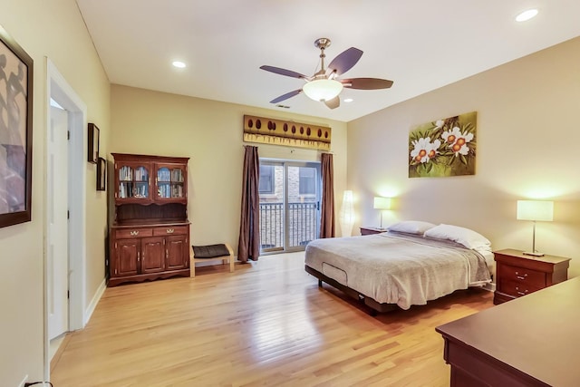 bedroom with recessed lighting, light wood-style flooring, access to exterior, and a ceiling fan