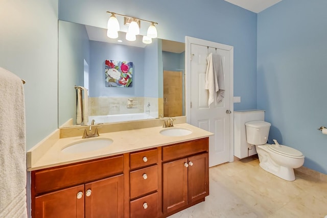 full bathroom featuring a shower stall, toilet, double vanity, and a sink