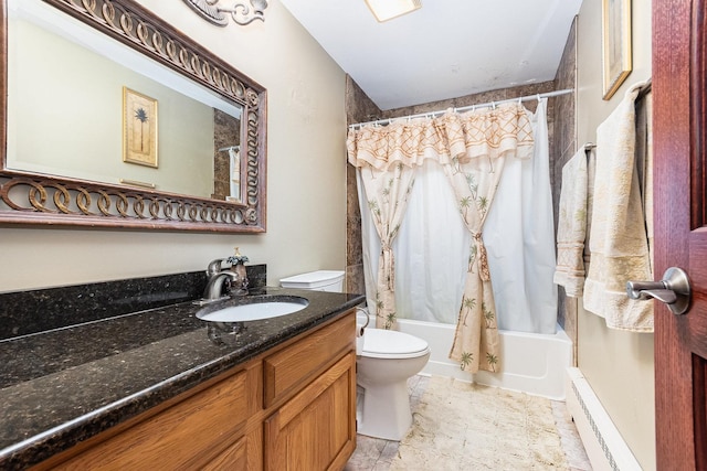 bathroom with toilet, shower / tub combo with curtain, and vanity