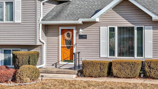 doorway to property featuring roof with shingles