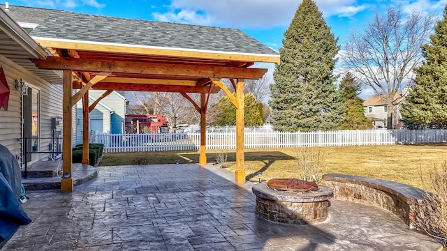 view of patio / terrace with an outdoor fire pit and a fenced backyard