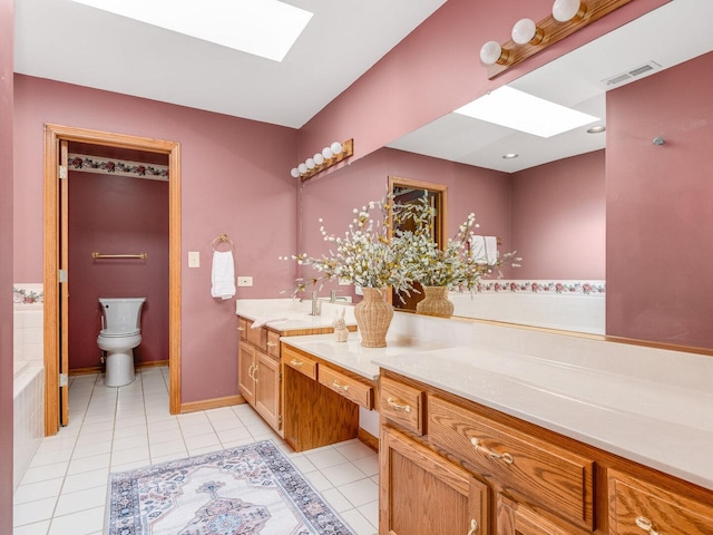 bathroom with tile patterned flooring, visible vents, toilet, a skylight, and vanity