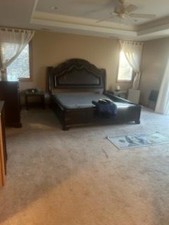 bedroom featuring ceiling fan, a raised ceiling, and light carpet