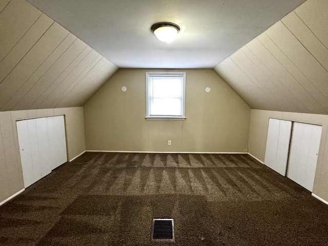 additional living space featuring lofted ceiling, carpet floors, and visible vents