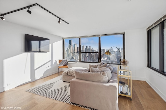 living area featuring track lighting, wood finished floors, and baseboards