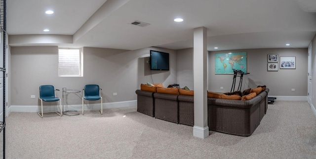 carpeted living room with recessed lighting, visible vents, and baseboards