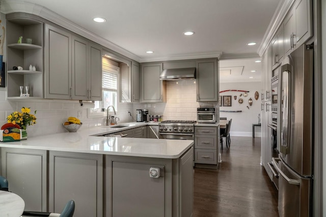 kitchen with gray cabinets, stainless steel appliances, wall chimney exhaust hood, and a sink