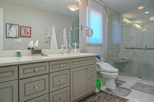 bathroom featuring vanity, toilet, and a stall shower