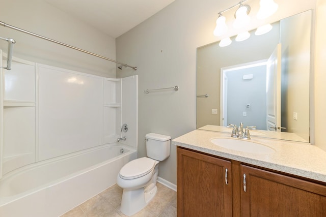 bathroom featuring vanity, tile patterned floors, toilet, and bathtub / shower combination