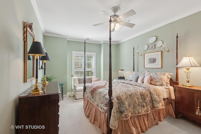 bedroom featuring light carpet, baseboards, crown molding, and a ceiling fan