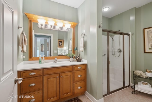 full bath with vanity, tile patterned floors, and a stall shower