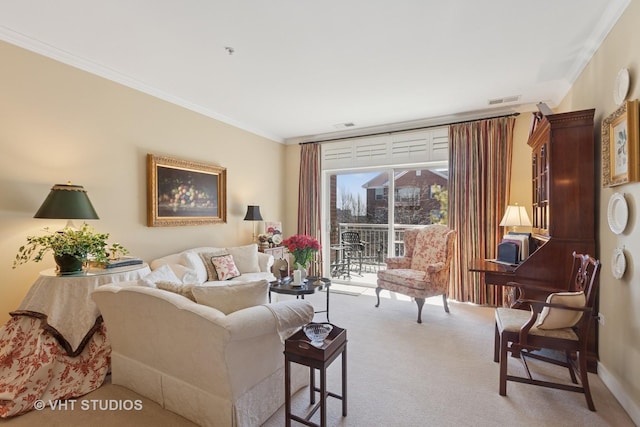 living area featuring visible vents, carpet floors, and ornamental molding