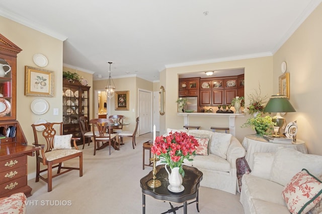 living room with light colored carpet and ornamental molding