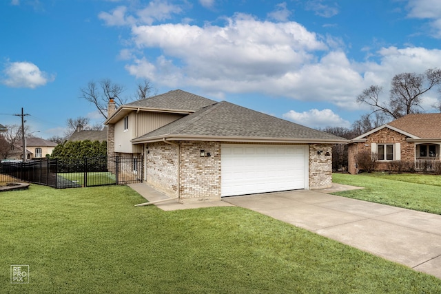 view of property exterior with brick siding, fence, a yard, roof with shingles, and a chimney