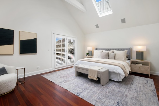 bedroom featuring a skylight, visible vents, baseboards, dark wood-style floors, and access to outside