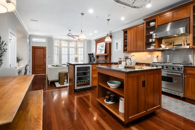 kitchen featuring wine cooler, brown cabinets, high end stainless steel range oven, ventilation hood, and open shelves