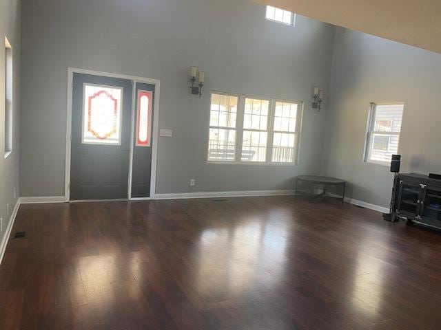 foyer entrance with baseboards, wood finished floors, a towering ceiling, and a healthy amount of sunlight