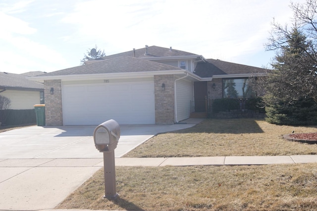 view of front of property featuring an attached garage, brick siding, a shingled roof, driveway, and a front lawn