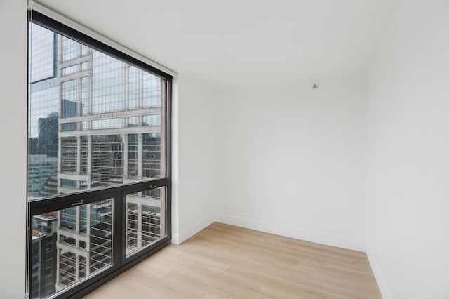 unfurnished room featuring a wall of windows, baseboards, and wood finished floors