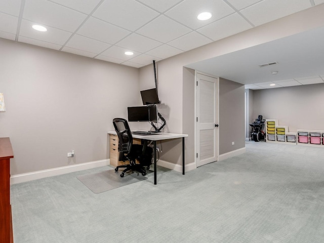 office space with recessed lighting, carpet, visible vents, and baseboards