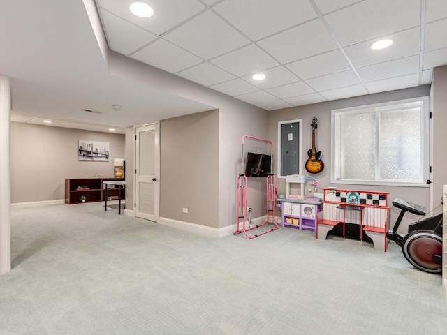 recreation room featuring baseboards, a drop ceiling, carpet flooring, and recessed lighting