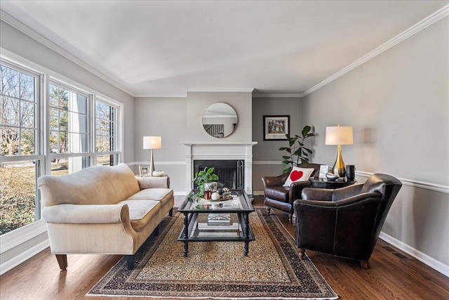 living area with dark wood-style floors, a fireplace, and crown molding