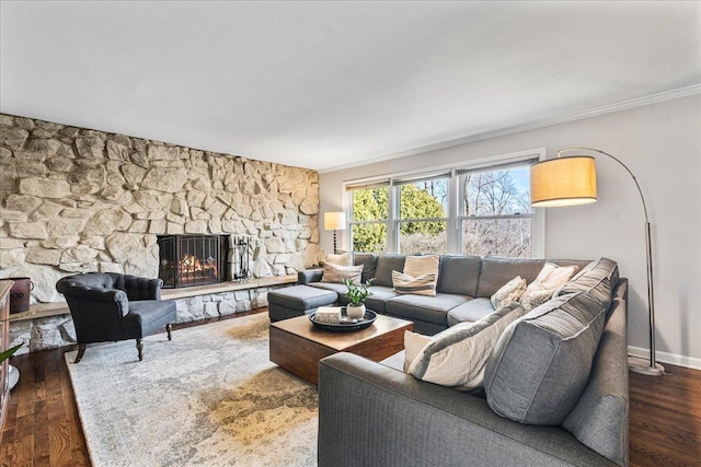 living area featuring baseboards, wood finished floors, a fireplace, and crown molding