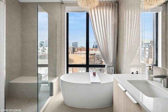 bathroom with a wealth of natural light, a city view, a freestanding bath, and vanity